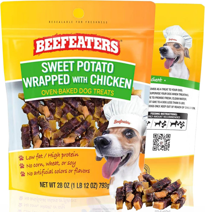 Beefeaters sweet potato chews 28 oz resealable bag rawhide-free jerky chews grain-free dog treats no corn wheat gluten