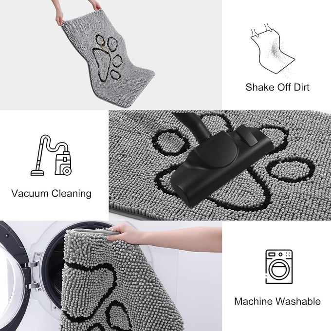 Smiry 30x20 inches chenille door mat for muddy paws with non-slip textured rubber base, grey and black