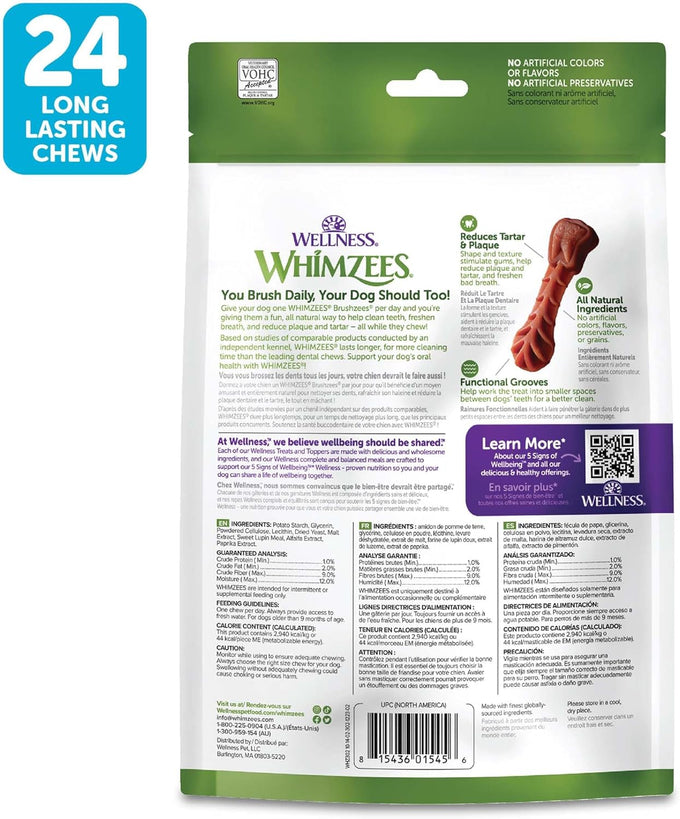 Whimzees Wellness Brushzees Small Size Dog Dental Treats, 24 Count, 12.7 oz Bag – VOHC Accepted Chews for Fresher Breath, Plaque & Tartar Reduction, and Gum Health.