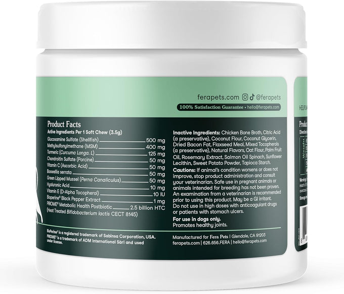 Fera Pets Hip & Joint Supplement for Dogs with Glucosamine Chondroitin MSM Green Lipped Mussel - Supports Joint Mobility and Weight