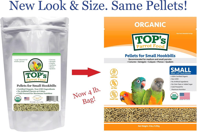 TOP's USDA Organic Certified Parrot Food Pellets for Small Hookbills, Non-GMO, Soy & Corn Free (4lbs)
