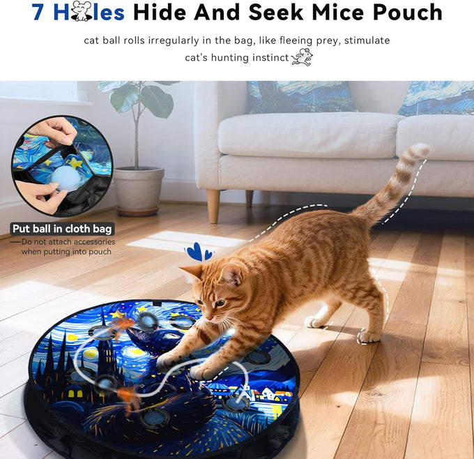 starry night interactive cat toy with motion activated ball and 7-hole play mat for indoor cats