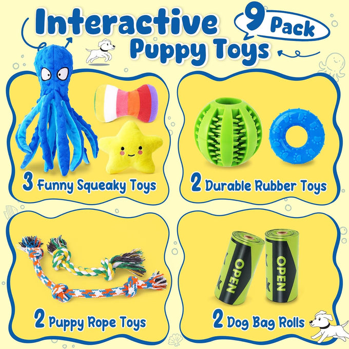 kipritii 9-pack interactive puppy dog toys for small dogs - squeaky octopus-shaped toy and chew toys