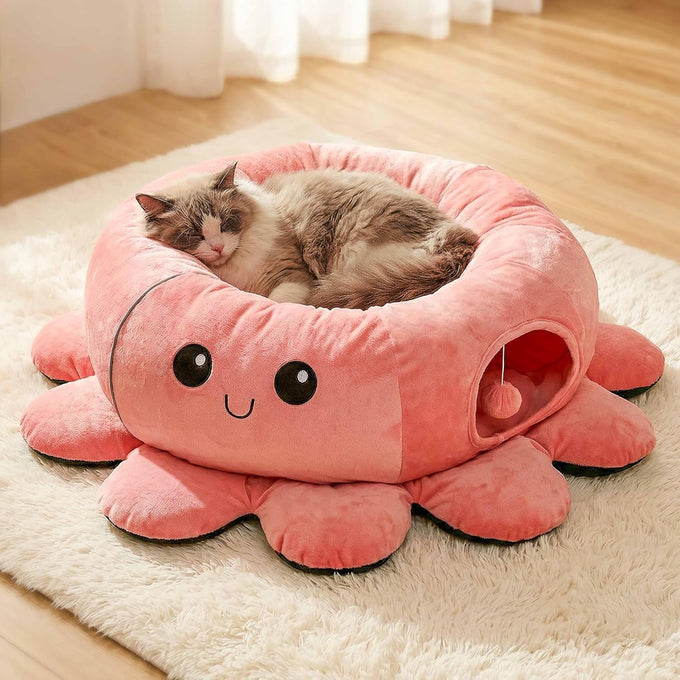 Cat Octopus Tunnel Bed with 20 Toys, Collapsible Indoor Cat Playhouse for Kittens, Machine Washable Cushion