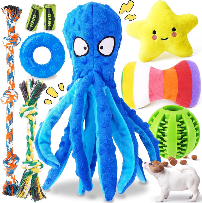 kipritii 9-pack interactive puppy dog toys for small dogs - squeaky octopus-shaped toy and chew toys