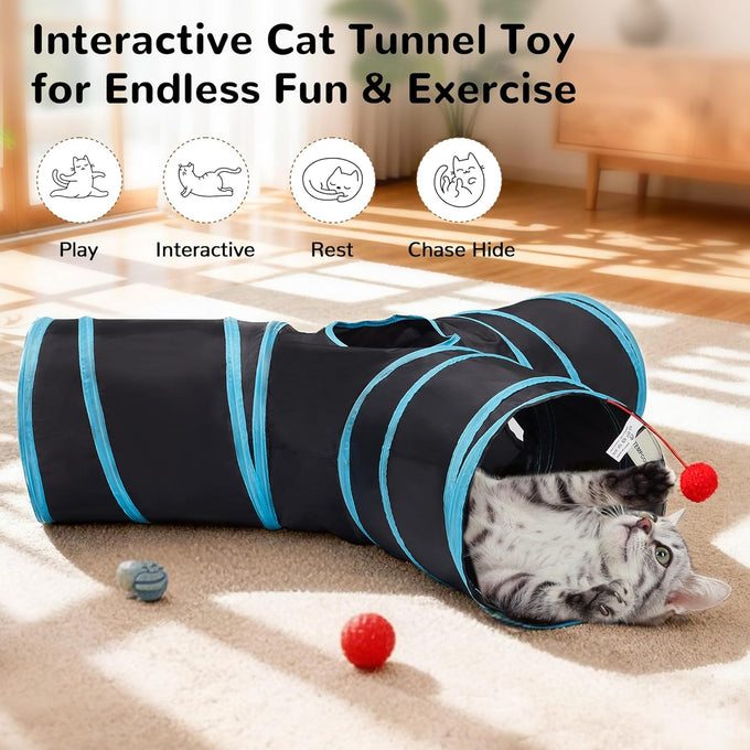 Tempcore 3-way collapsible cat tunnel for indoor cats, kittens, and small pets with peek hole and ball toy