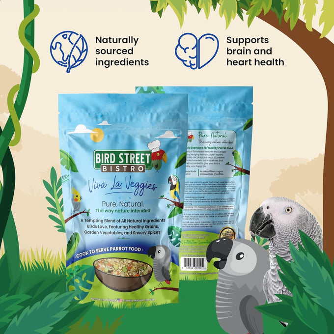 Bird Street Bistro parrot food with natural grains, legumes, and non-gmo fruits for parakeets and cockatiels