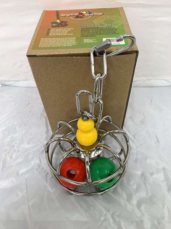 Impossiball large stainless steel bird toy for macaw enrichment and parrot foraging with durable treat dispenser