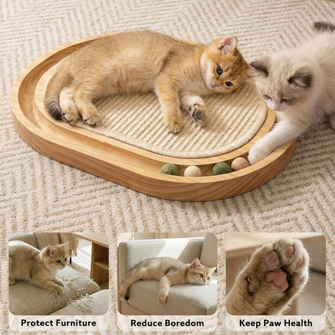 Natural Sisal cat scratcher with ball track, wooden base for indoor kittens and medium cats
