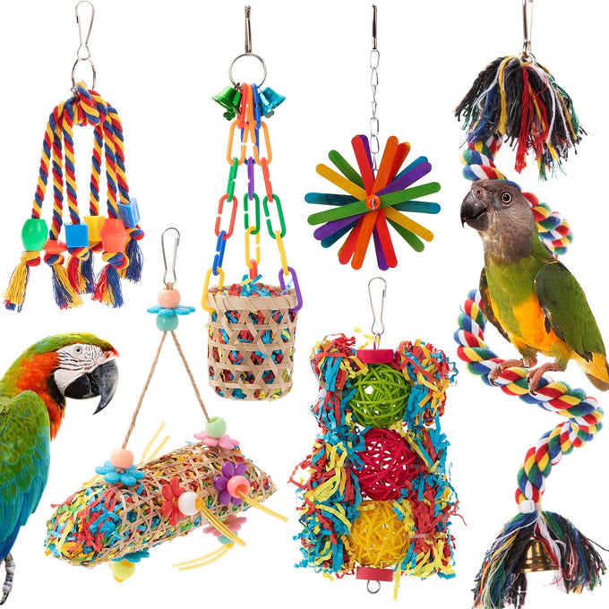RLRICH 6 pack colorful parrot foraging shredder toys with comfy perch for parakeet and small medium parrots