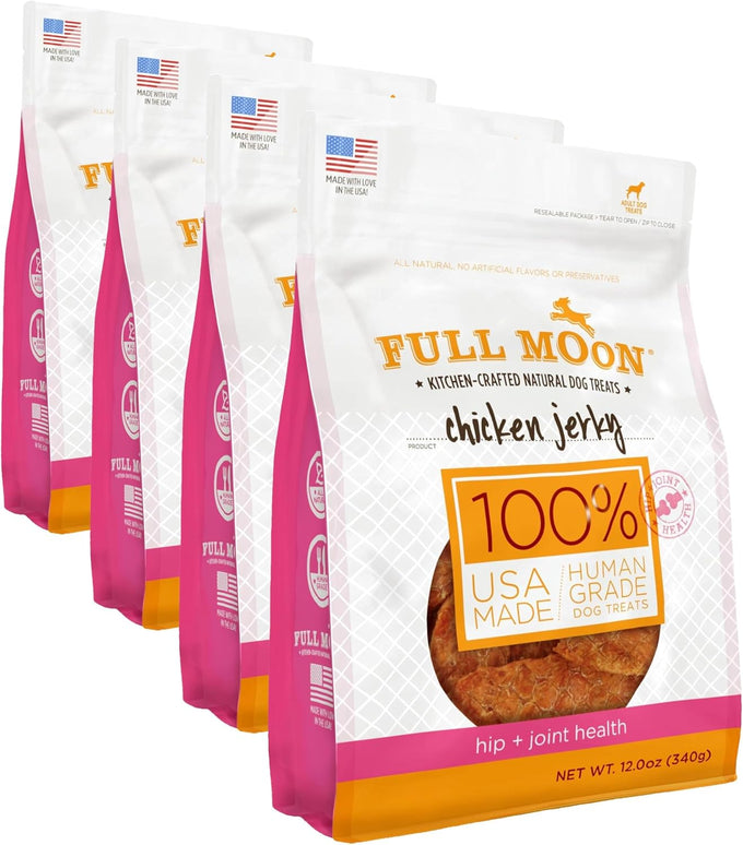 Human-grade, all-natural, full-moon chicken jerky dog treats for hip and joint health, 12 oz, made in the USA