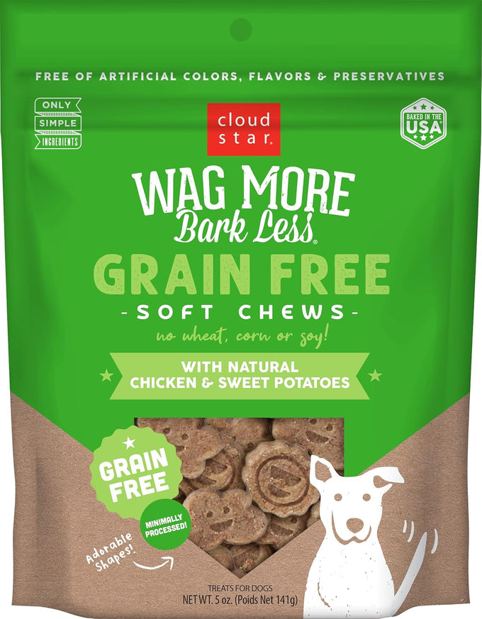 Cloud Star Wag More Bark Less Grain-Free Soft Chews Dog Treats with Natural Chicken & Sweet Potato, Oven-Baked in USA, 5 oz Pouch