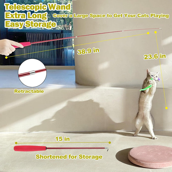 MeoHui Cat Wand Toy for Indoor Cats, Retractable 38.9 inches long, 2PCS Refill Feathers and Wands with Clasp