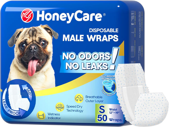 Honey Care All-Absorb A26 Male Dog Wrap, 50 Count, Small: Breathable, Leak-Proof, and Fur-Safe