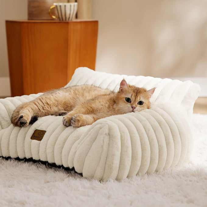 Bedsure 24inch ComfyFleece Cute Cat Couch for Indoor Cats, Cream, Removable Washable Cover and Supportive Pet Sofa