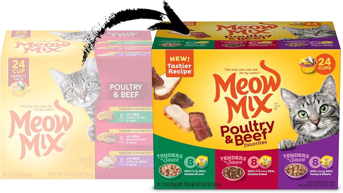 Meow Mix Tender Favorites Poultry & Beef Variety Pack, 2.75 oz Cup, 24 Pack Wet Cat Food