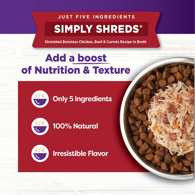 Wellness Bowl Boosters Simply Shreds Variety Pack Wet Dog Food Topper for Small, Medium, and Large Breeds, Grain Free, Natural, Chicken Recipes, 2.8 oz, Pack of 12 Pouches