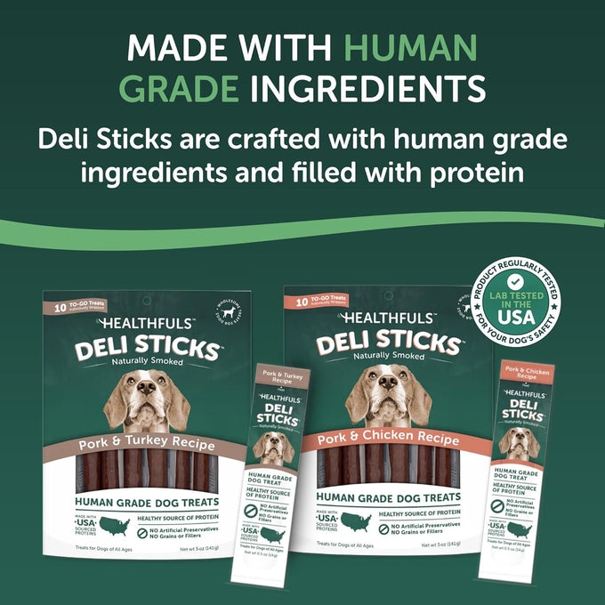 Healthfuls Deli Sticks Pork and Chicken Dog Treats, 10 Count Bag, Gluten-Free, Human-Grade, Soft and Chewy