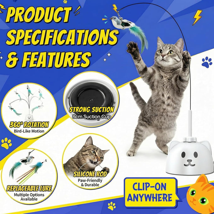 Automatic Flying Bird Feather Cat Toy for Indoor Cats with Sticky Suction Base and USB Rechargeable Electric Teaser
