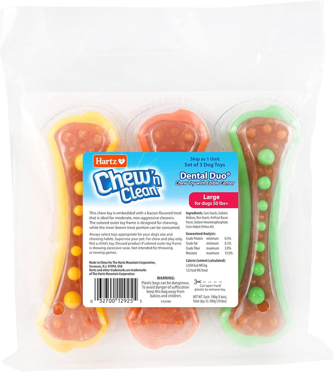 Hartz Chew 'n Clean Dental Duo Dog Treat & Chew Toy - Large, 3 Pack, Color Varies