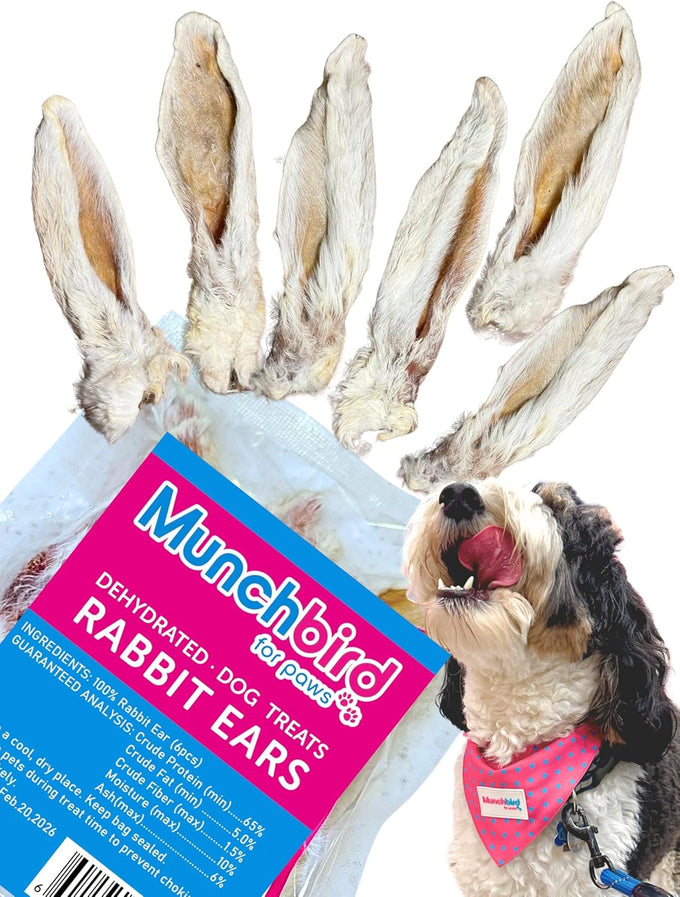 Munchbird Dehydrated Rabbit Ears 100g for Dogs, Natural Fiber, Rawhide Free, European Rabbit Association, France