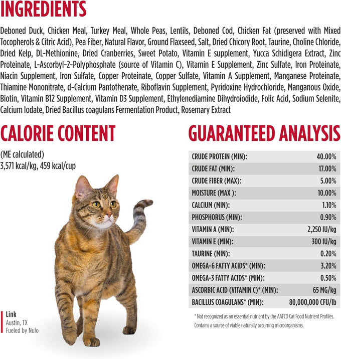 Nulo FreeStyle Dry Cat Food Indoor - Duck & Cod, High Protein Grain-Free Dry Cat Food, Natural Kibble with Probiotics and Omegas Fatty Acids, 4lb Bag
