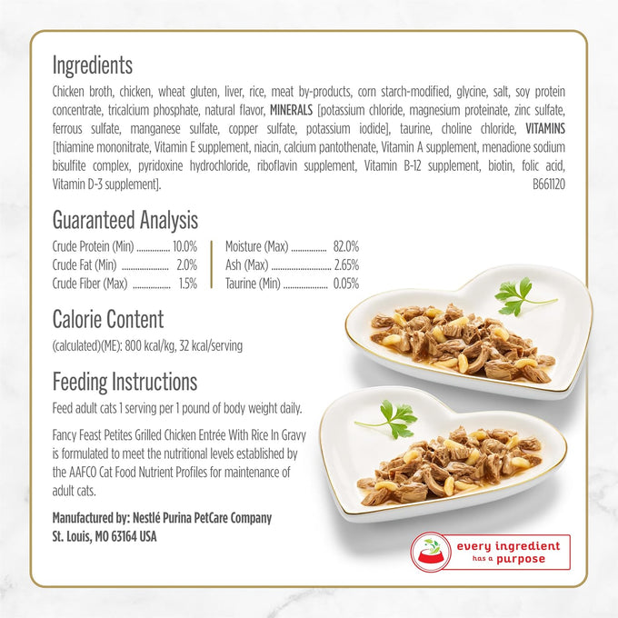 Purina Fancy Feast Petites Grilled Chicken Entrée with Rice in Gravy, 2.8 oz Tubs, Pack of 12