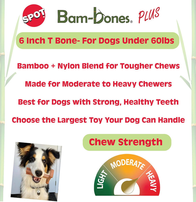 SPOT Bam-Bones Plus T Bone Bamboo Fiber Nylon Dog Chew Toy for Moderate Aggressive Chewers Durable Long Lasting Non-Splintering Beef Flavor 6 in
