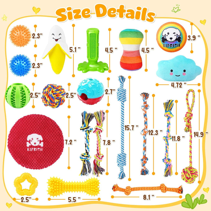 kipritii assorted dog toys, 25 pack, teething, entertainment, interactive play, puppy toys, rope toys, squeaky dog toys, treat balls