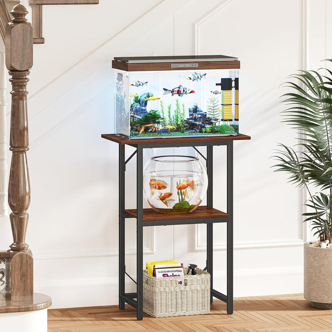 Snughome 2-tier rustic brown aquarium stand, heavy duty storage shelves for 20-gallon fish tank