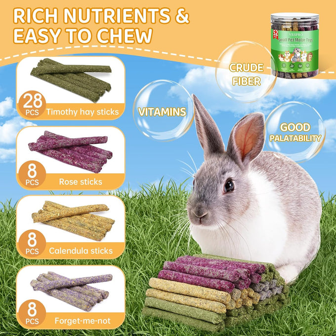 52pcs Natural Timothy Grass Molar Teeth Sticks, Rabbit Chew Toys, Guinea Pig Treats, Small Animal Snacks