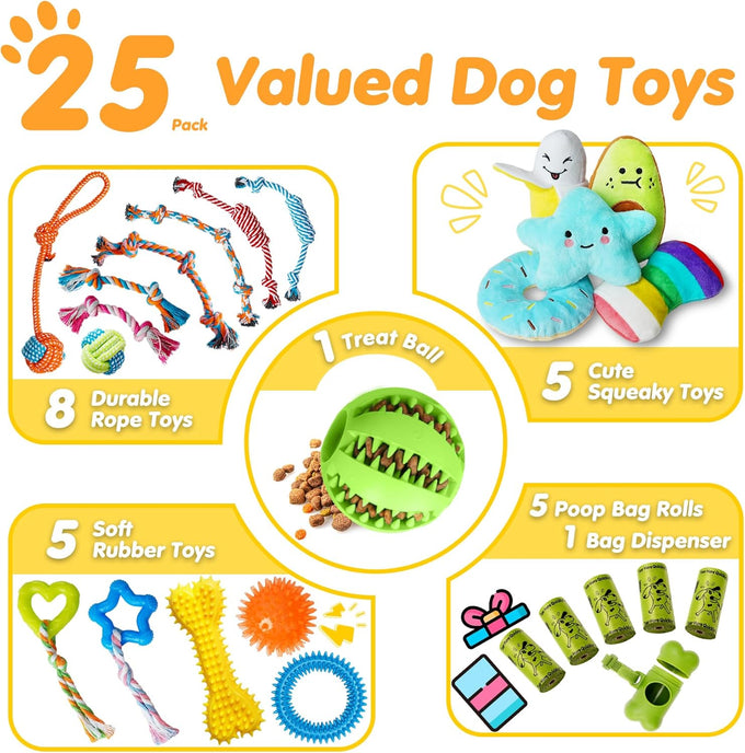 zeaxuie dog chews 25 pack luxury rope toys squeaky puppy toys for small dogs teething