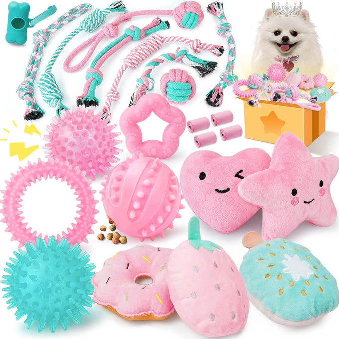 XIUGOAL 23 Pack Pink Puppy Toys for Female Puppies with Teething, Interactive Dog Toys and Ropes