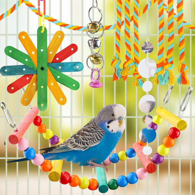 quozo 8pcs bird toys for parakeets colorful ladder hammock bird cage accessories parrot