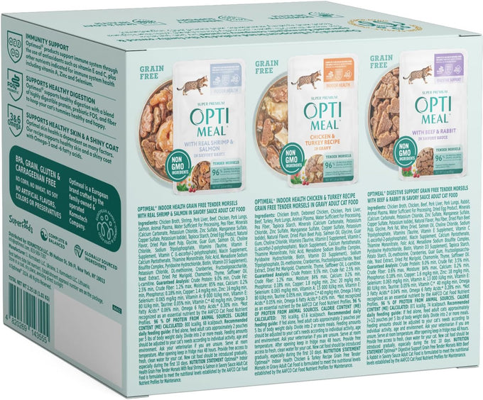 Optimeal 3oz grain free adult cat food wet pouches, high protein premium nutrition with natural European ingredients in savory gravy, pack of 12