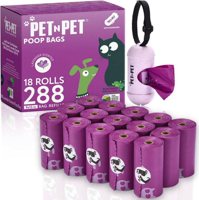 PET N PET Poop Bags, 288 Count Lavender Scented, 38% Plant Based, USDA Certified, Dog Waste Bags with Leash Dispenser