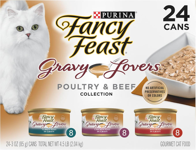 Purina Fancy Feast 3 oz. Gravy Lovers Poultry and Beef Gourmet Wet Cat Food Variety Pack, 24 Count