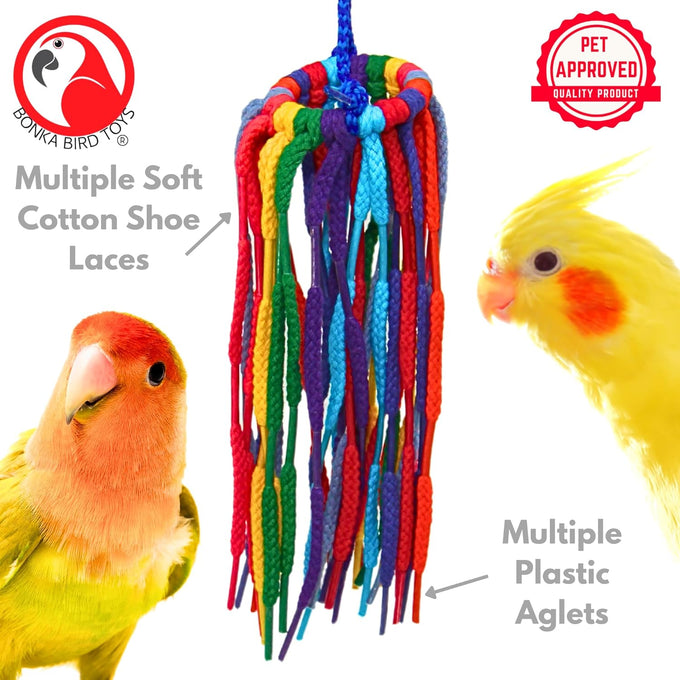 Bonka Bird Toys 51214 Small Aglet Heaven Cotton Shoelace Toy for Parakeets Cockatiels Quakers Pionus Bird Enrichment