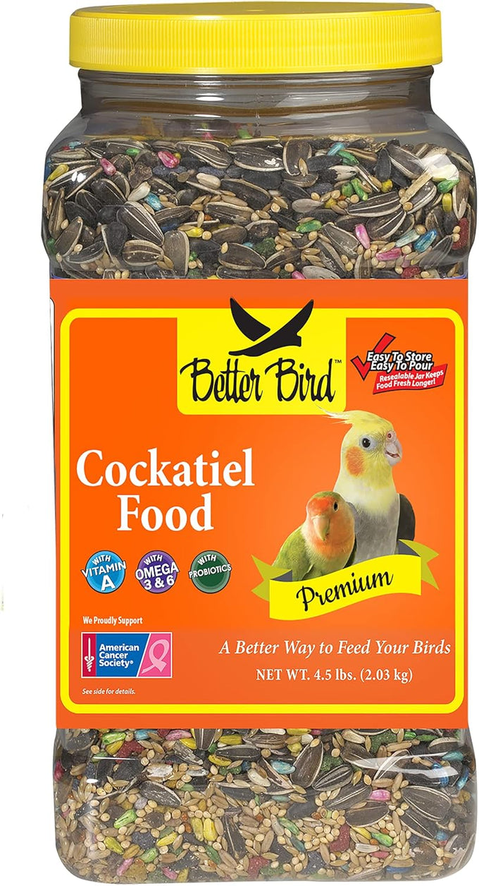 Better Bird Premium Cockatiel Food 4.5 lb Jar, Millet and Sunflower Seed Blend for Cockatiels