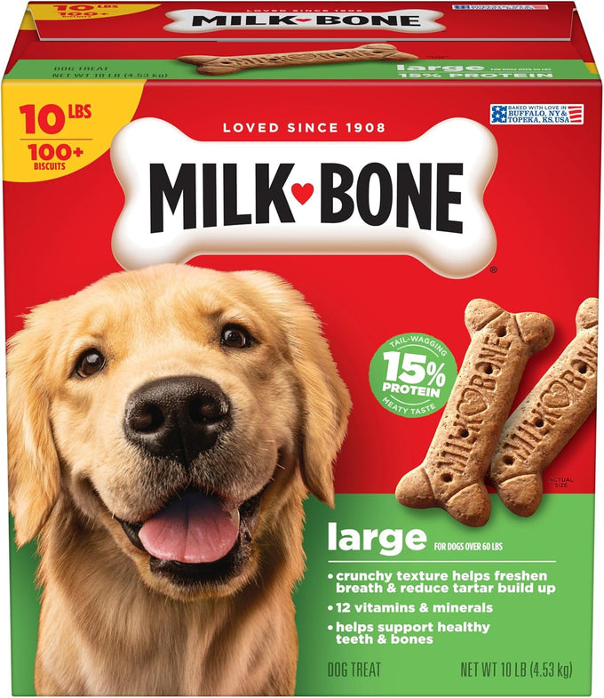 Milk-Bone Original Dog Treats Biscuits for Large Dogs, 10 Pounds, Crunchy, 15% Protein, USA Made