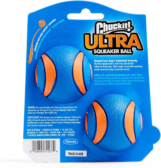 Chuckit! Ultra Squeaker Balls for Medium Dogs, Durable Rubber, Floating Water Pet Toys, Pack of 2, 2.5" Diameter