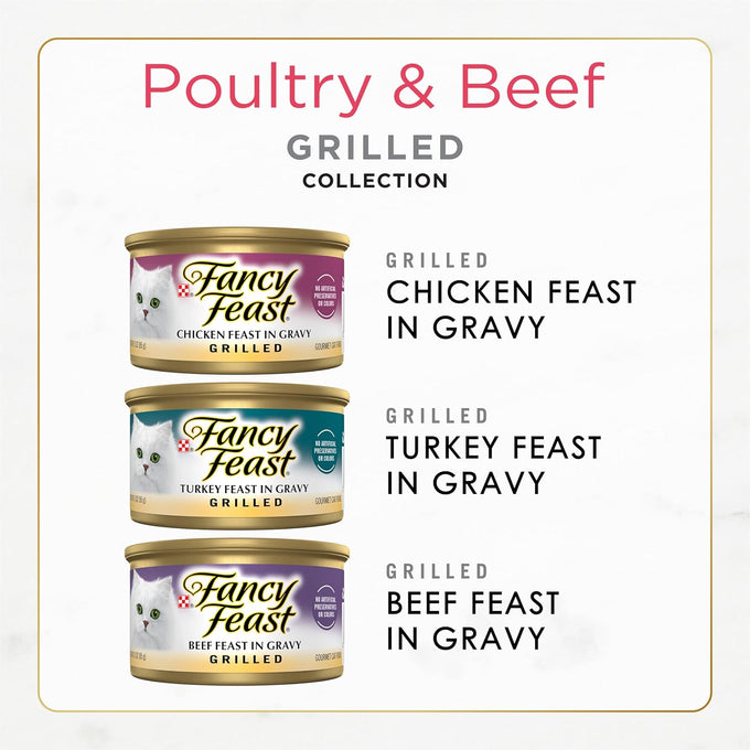 Purina fancy feast grilled wet cat food variety pack poultry beef collection 3 oz cans (pack of 30)