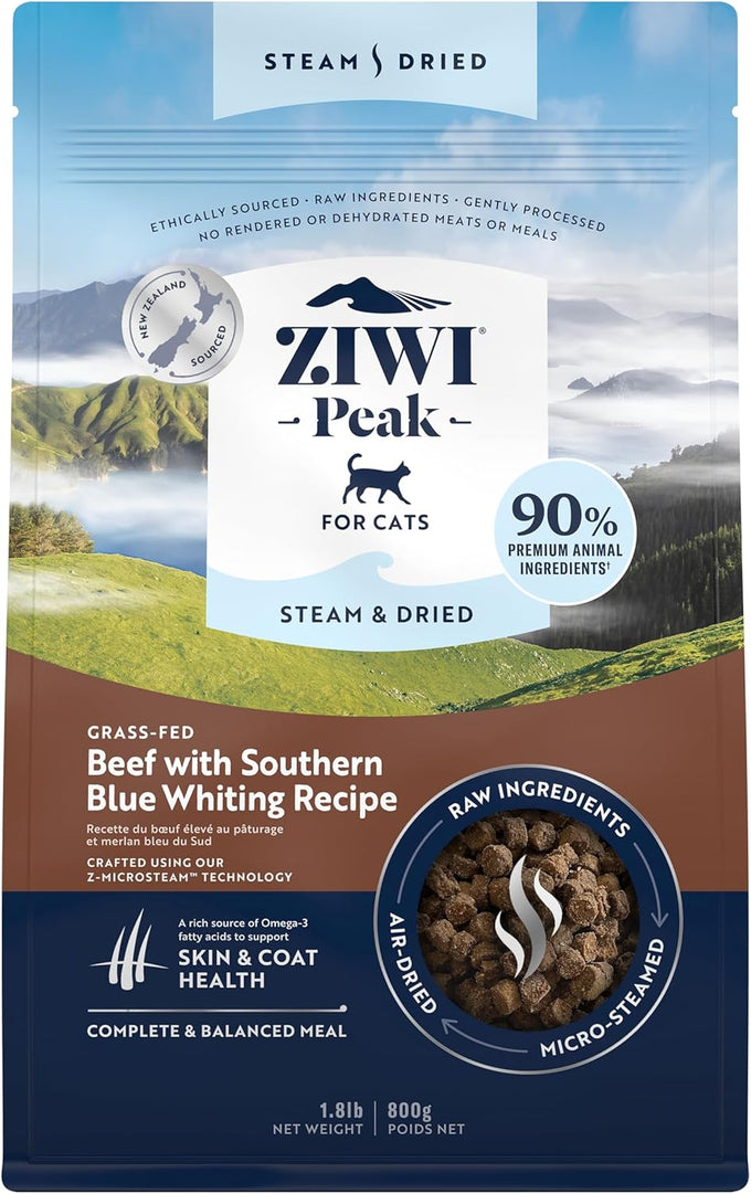 Ziwi Peak beef with southern blue whiting fish cat food high protein skin coat health low carb all life stages 28.8oz