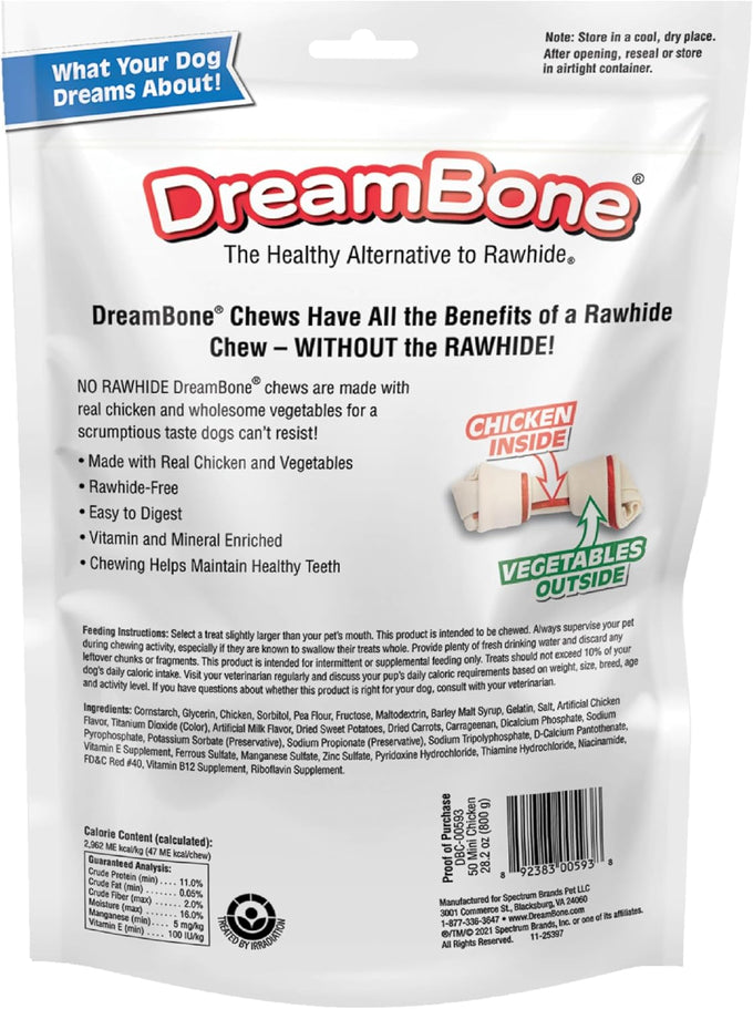 DreamBone Mini Rawhide-Free Chicken and Vegetable Dog Chews, 50 Count, Bone-Shaped