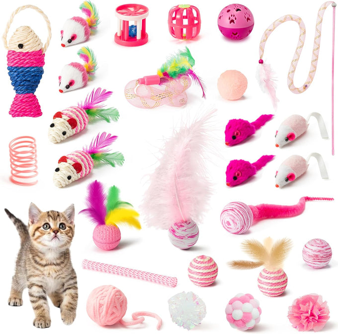 mallmall6 10pcs cat toy set interactive cat toys pack feather teaser wand cat springs mice crinkle balls pink