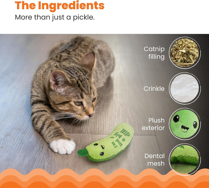 Catstages Pickle Kicker Cat Toy - Soft Plush Crinkle Toy with Catnip and Dental Mesh, 6.5"
