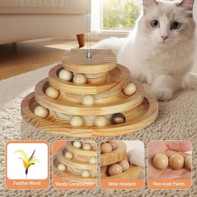 pine cat track toy for big cats, 4 layer wooden ball tower with feather wand, 9.9 inches, eco-friendly
