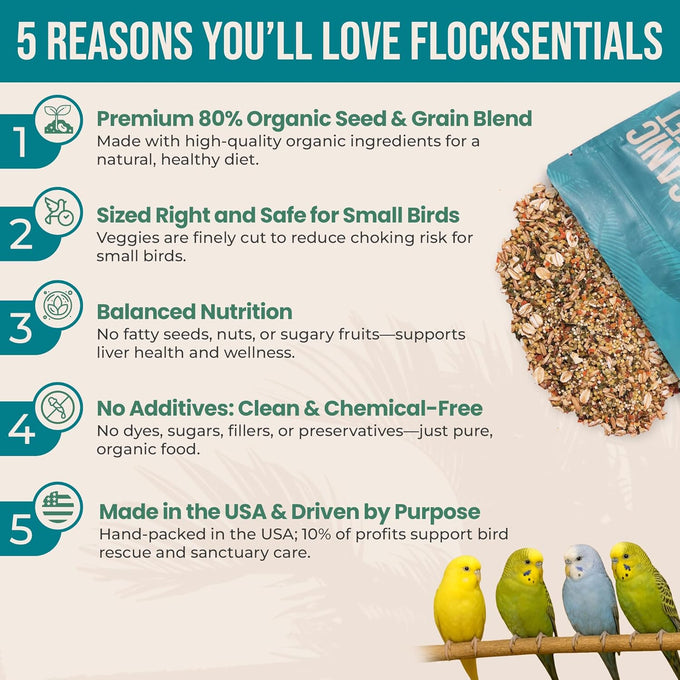 Organic Parakeet Food, 2 lbs, No Fillers, Fatty Seeds, or Dyes, Made in USA, Premium Human Grade Seed Mix for Budgies and Parrotlets