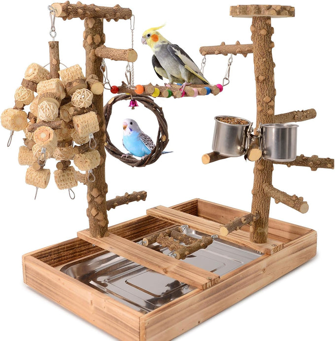 Natural real wood bird perch stand for small to medium birds, multi-layer parrot playground gym with feeding cups and toys