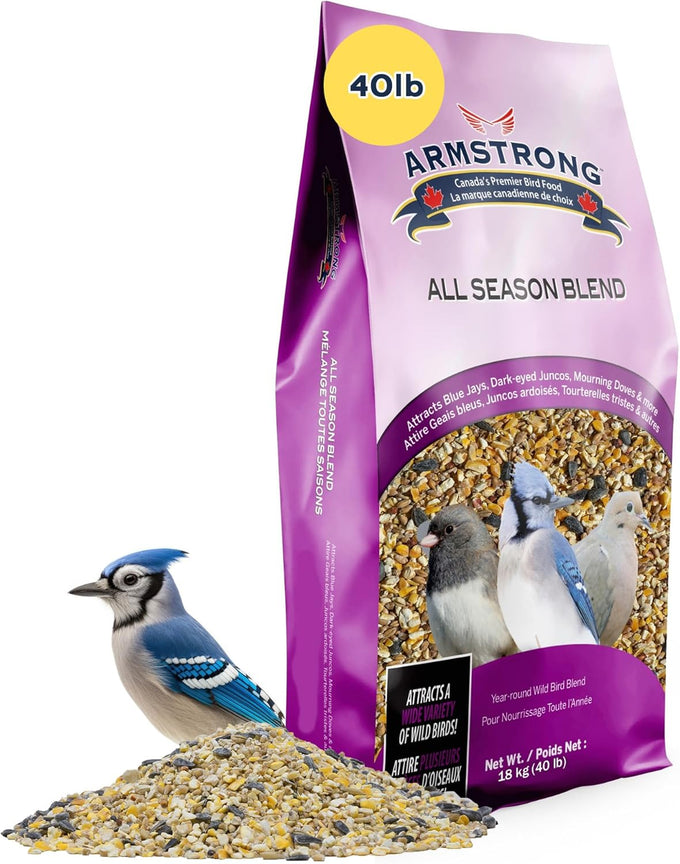 Armstrong all season bird seed blend with cut corn, black oil sunflower seeds, attracts blue jays, juncos, and mourning doves, 40 pounds